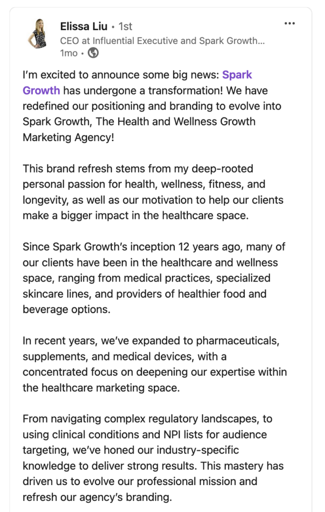 screenshot of elissa liu linkedin post about healthcare marketing